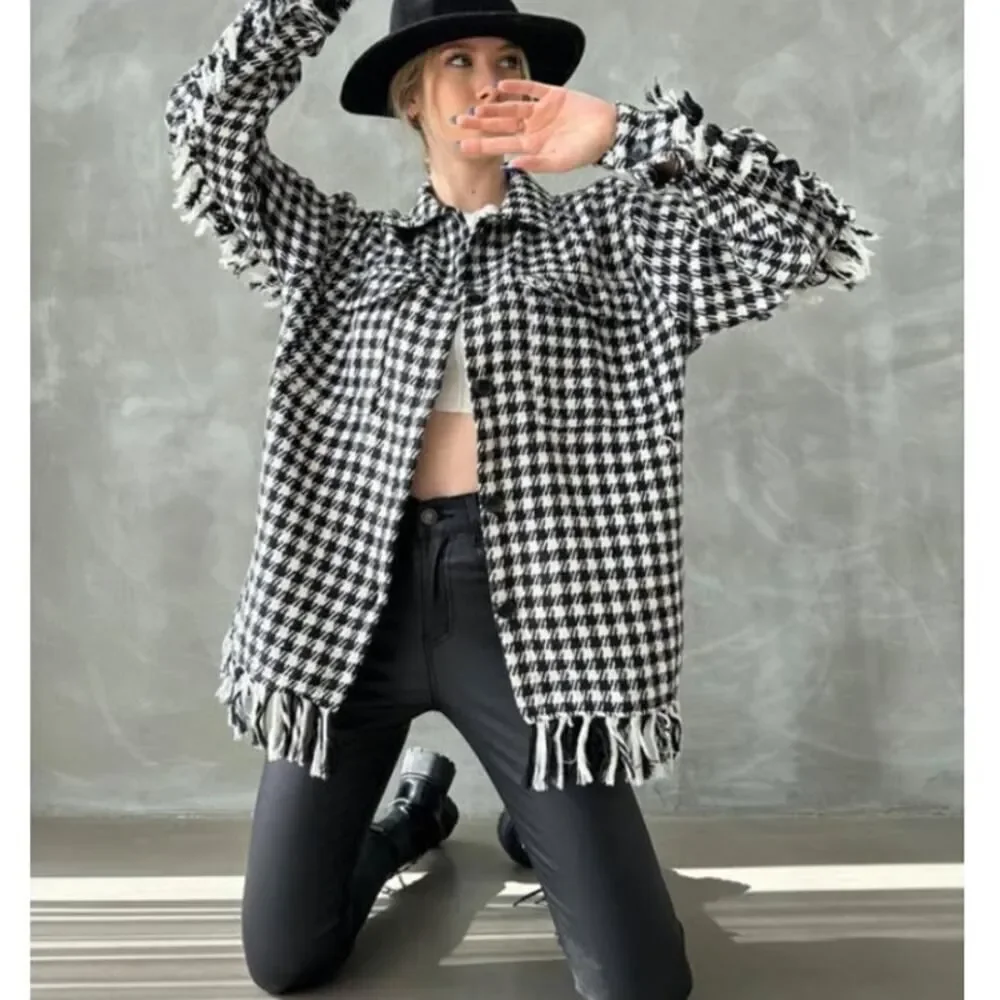 Zara Houndstooth Fringed Overshirt Barn Jacket Oversized Tweed Shacket 4391/737 - Picture 13 of 15